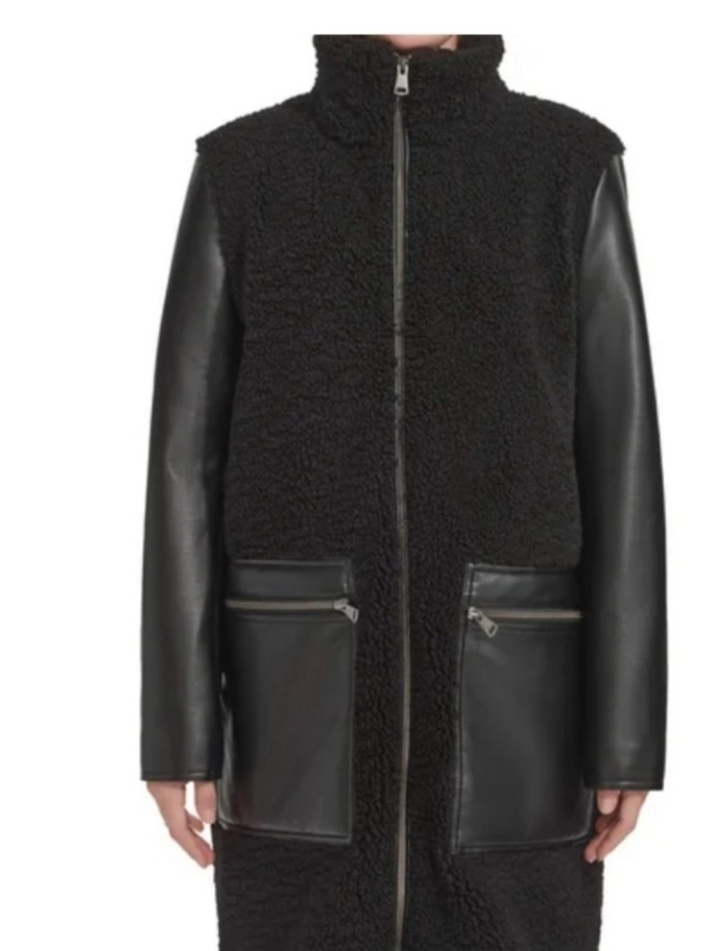 Andrew Marc Black Faux Shearling Coat with Faux-Leather Sleeves